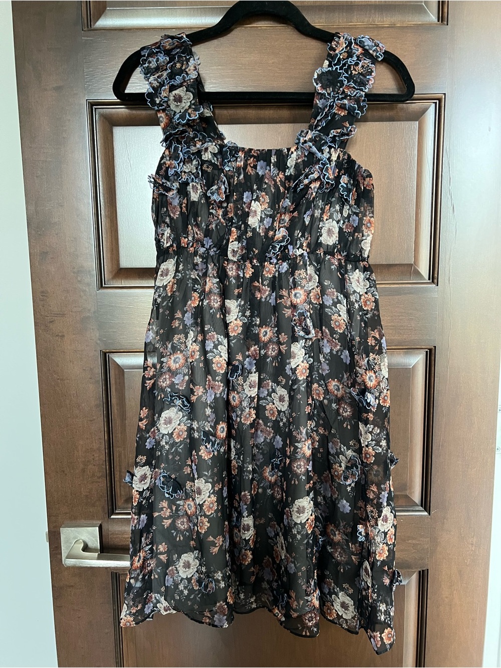 Black Floral Ruffle Strap Dress